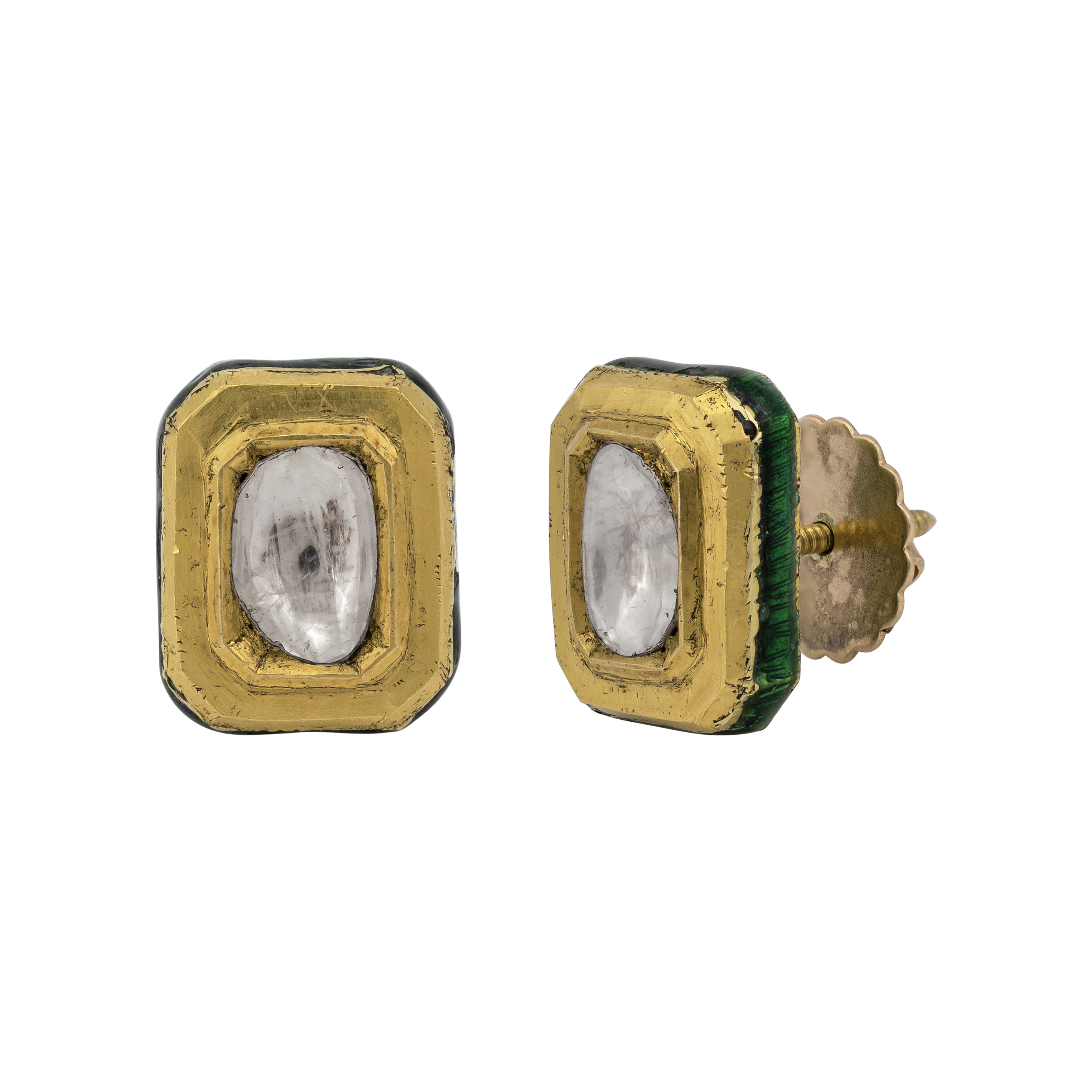 Rectangular Polki Stud Earrings in Gold Finish